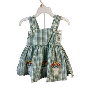Small Steps infant 12m vintage dress and bloomers green checkered with flowers B